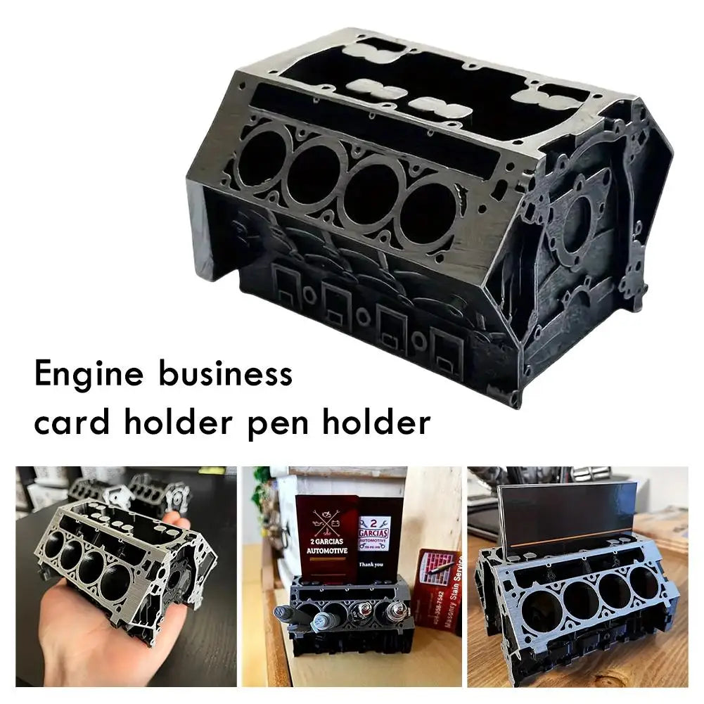 High-end Unique Engine Block Office Desk Organizer - Business Card And Pen Holder, Perfect Gift For Car Enthusiasts And Mechanic