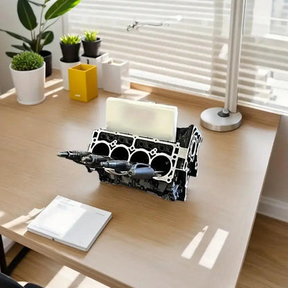 High-end Unique Engine Block Office Desk Organizer - Business Card And Pen Holder, Perfect Gift For Car Enthusiasts And Mechanic
