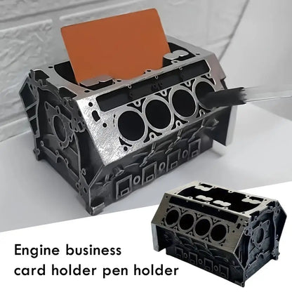 High-end Unique Engine Block Office Desk Organizer - Business Card And Pen Holder, Perfect Gift For Car Enthusiasts And Mechanic