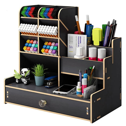 Wooden Desk Organiser DIY Desktop Tidy Pen Holder Large Capacity Stationery Storage Box with Drawer for Home Office and School