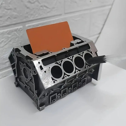 High-end Unique Engine Block Office Desk Organizer - Business Card And Pen Holder, Perfect Gift For Car Enthusiasts And Mechanic