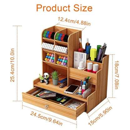 Wooden Desk Organiser DIY Desktop Tidy Pen Holder Large Capacity Stationery Storage Box with Drawer for Home Office and School