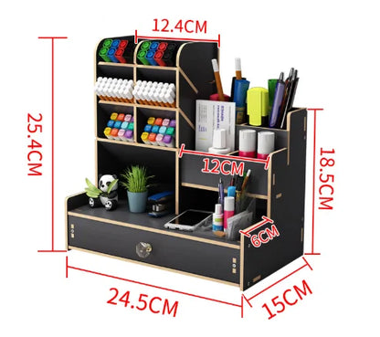Wooden Desk Organiser DIY Desktop Tidy Pen Holder Large Capacity Stationery Storage Box with Drawer for Home Office and School